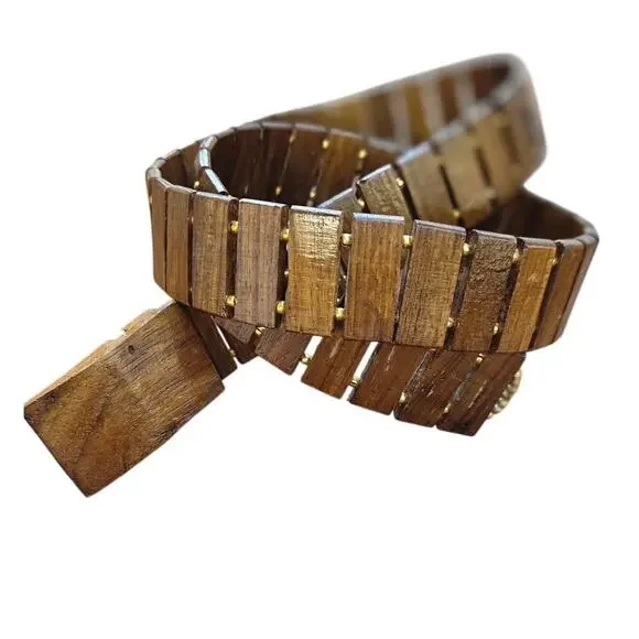 Wooden Link Belt Boho Minimalist Coastal Resort Waist Belt Gold Beaded One Size - Picture 2 of 7